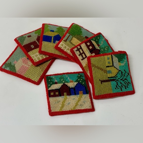 (Lot of 7) 1940s WWII Era Homemade Hand Knitted Country House Scene Coasters - Picture 2 of 12